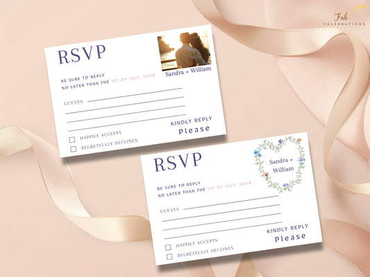 Pastel Floral RSVP Card pair featuring two coordinated response templates, including a classic RSVP design with a watercolor-inspired floral heart wreath and a matching version with a customizable couple photo area.
