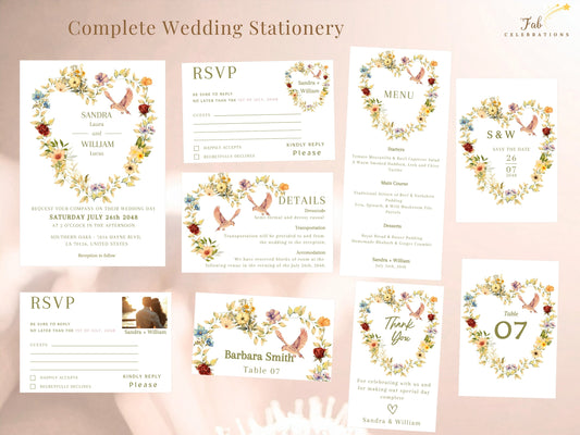 Pastel Floral Wedding Invitation Suite with 11 editable Canva templates, including invitation backs, RSVP cards, details, save the date, table number, place card, menu and thank you design.