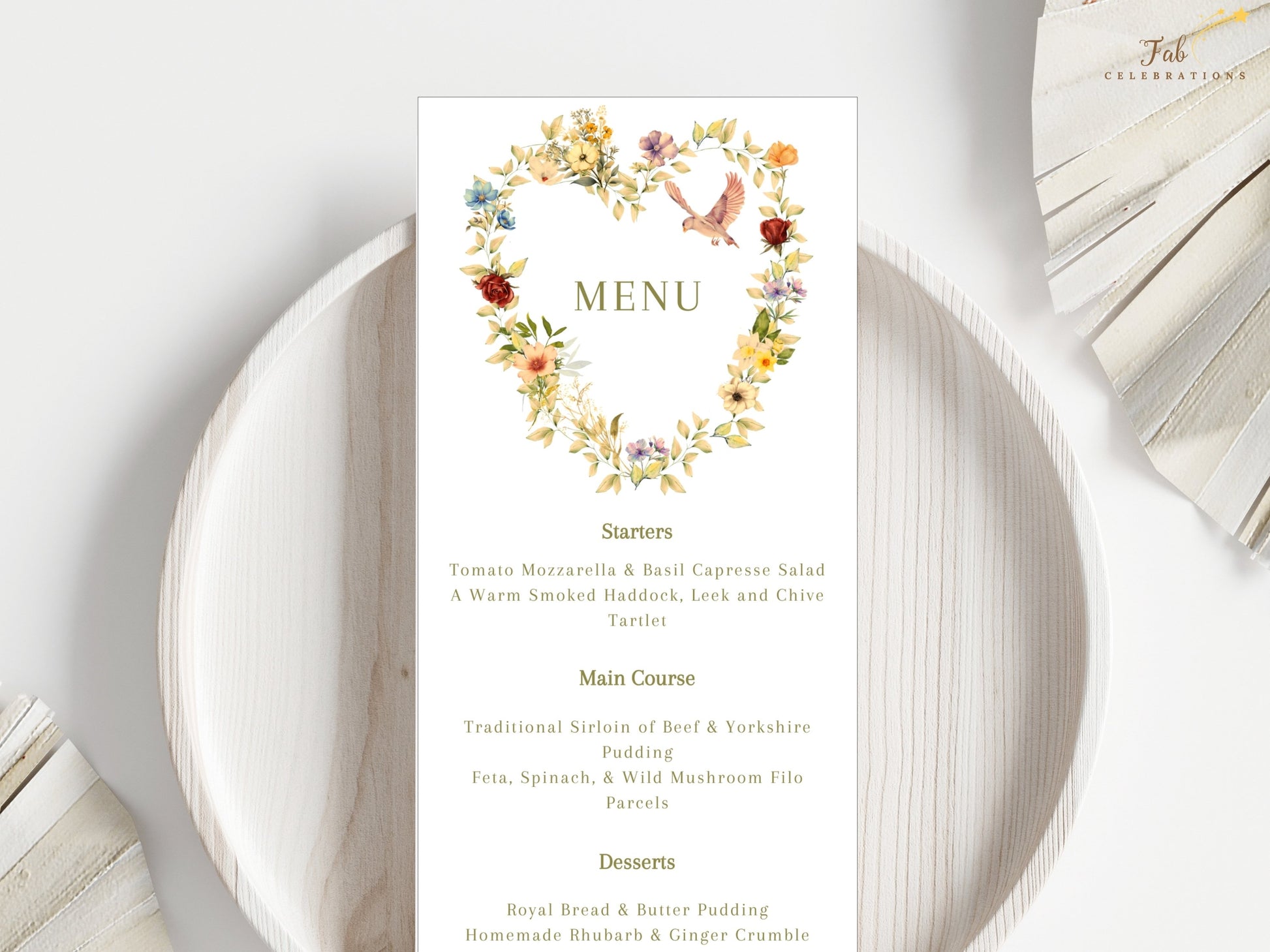 Botanical wedding invitation suite created with watercolor-inspired floral artwork, graceful heart wreath and elegant printable Canva templates for timeless romantic weddings.