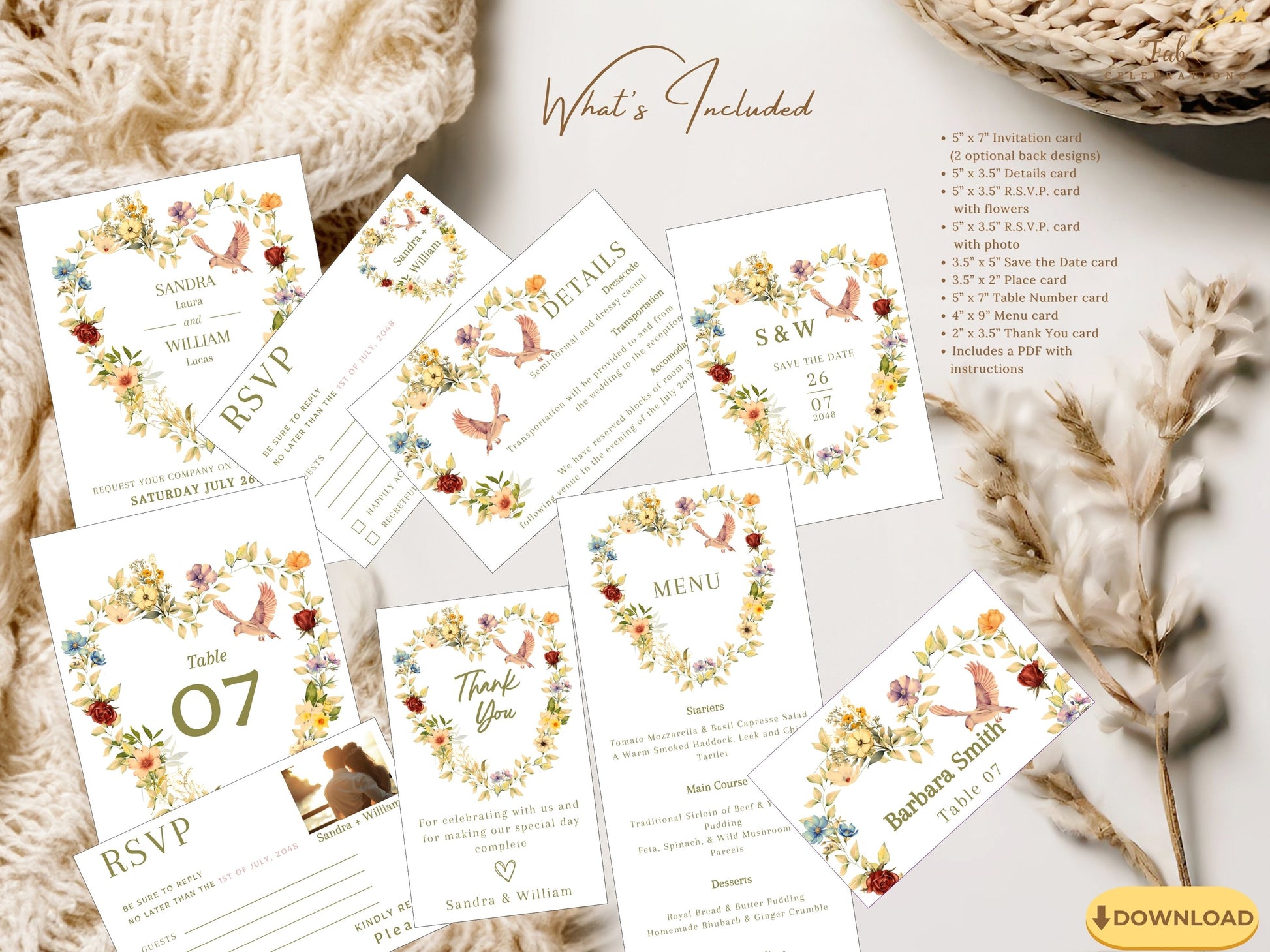 Pastel floral wedding invitation suite featuring eleven editable Canva templates with watercolor-inspired floral heart wreath, graceful doves and coordinated botanical wedding stationery.