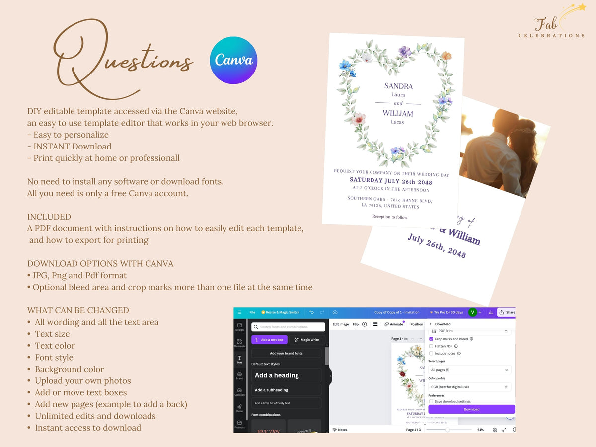 Canva wedding template help guide answering common questions about editing text, changing fonts and colors, replacing photos, downloading files, and personalizing every card with ease.