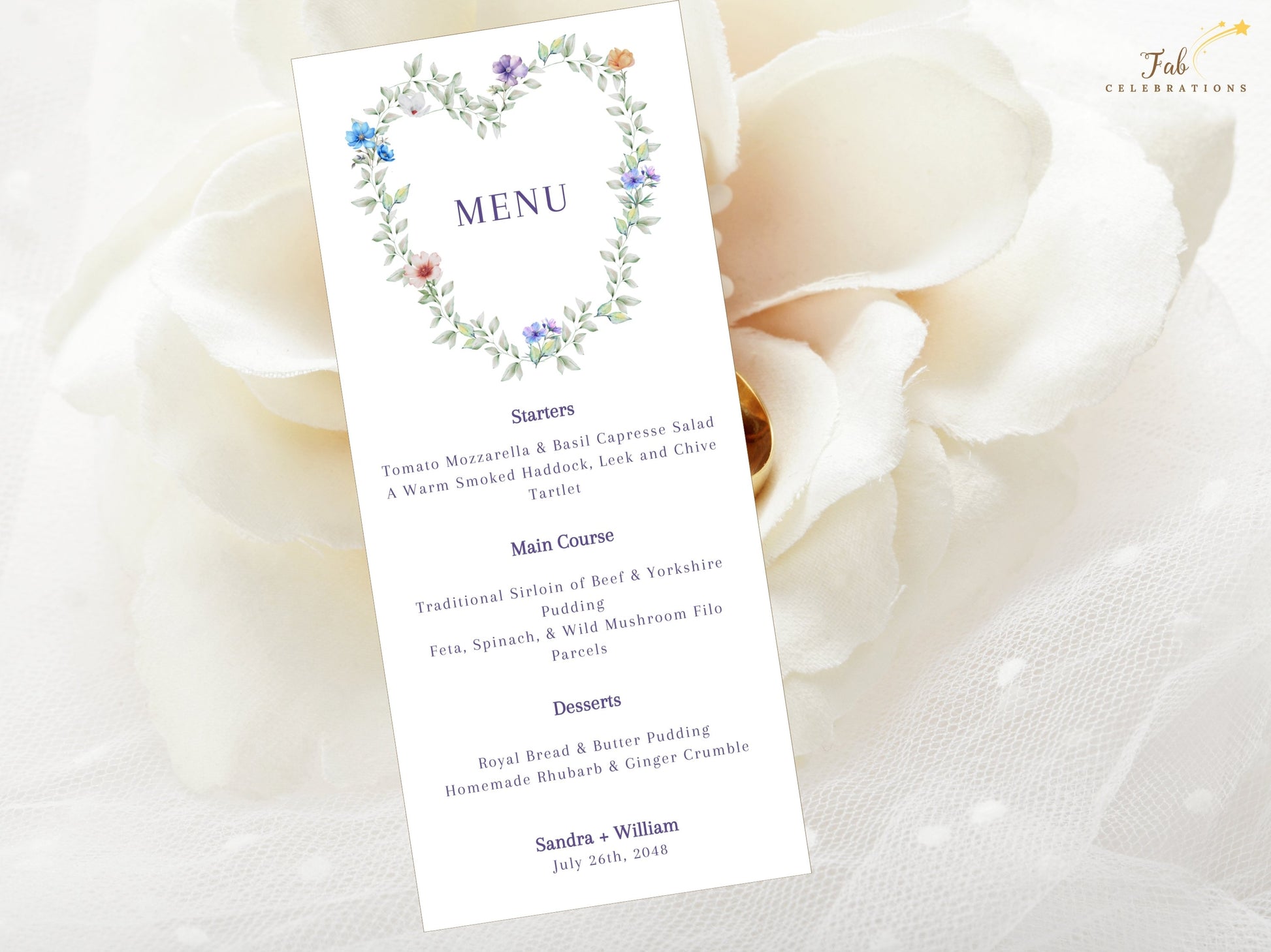 Pastel Wedding Menu Template editable wedding stationery featuring pastel lavender, blush and blue flowers arranged in a graceful heart design.