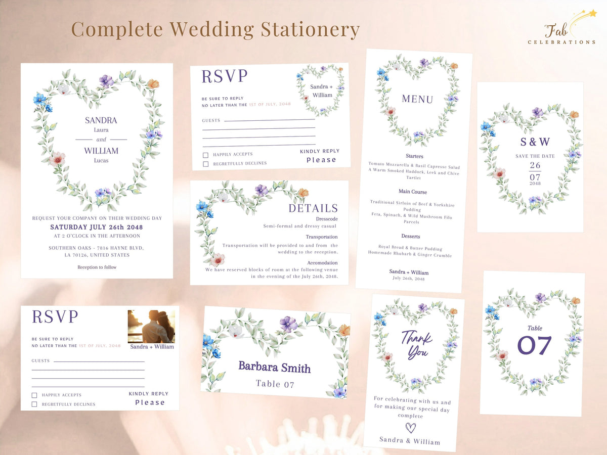Pastel Wedding Menu Template displayed as part of the complete wedding stationery collection including invitation, RSVP cards, details card, save the date, menu, table number, place card and thank you card templates.