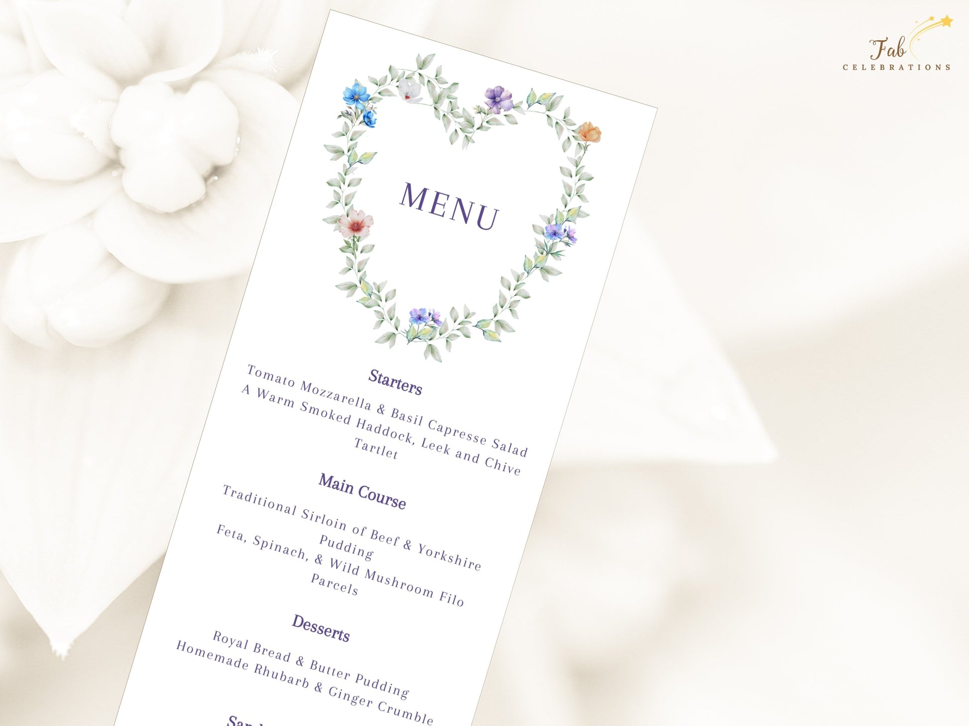 Pastel Wedding Menu Template editable Canva menu card featuring a romantic heart-shaped floral wreath with pastel flowers and greenery for elegant receptions.