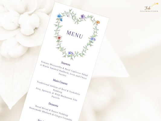 Pastel Wedding Menu Template editable Canva menu card featuring a romantic heart-shaped floral wreath with pastel flowers and greenery for elegant receptions.