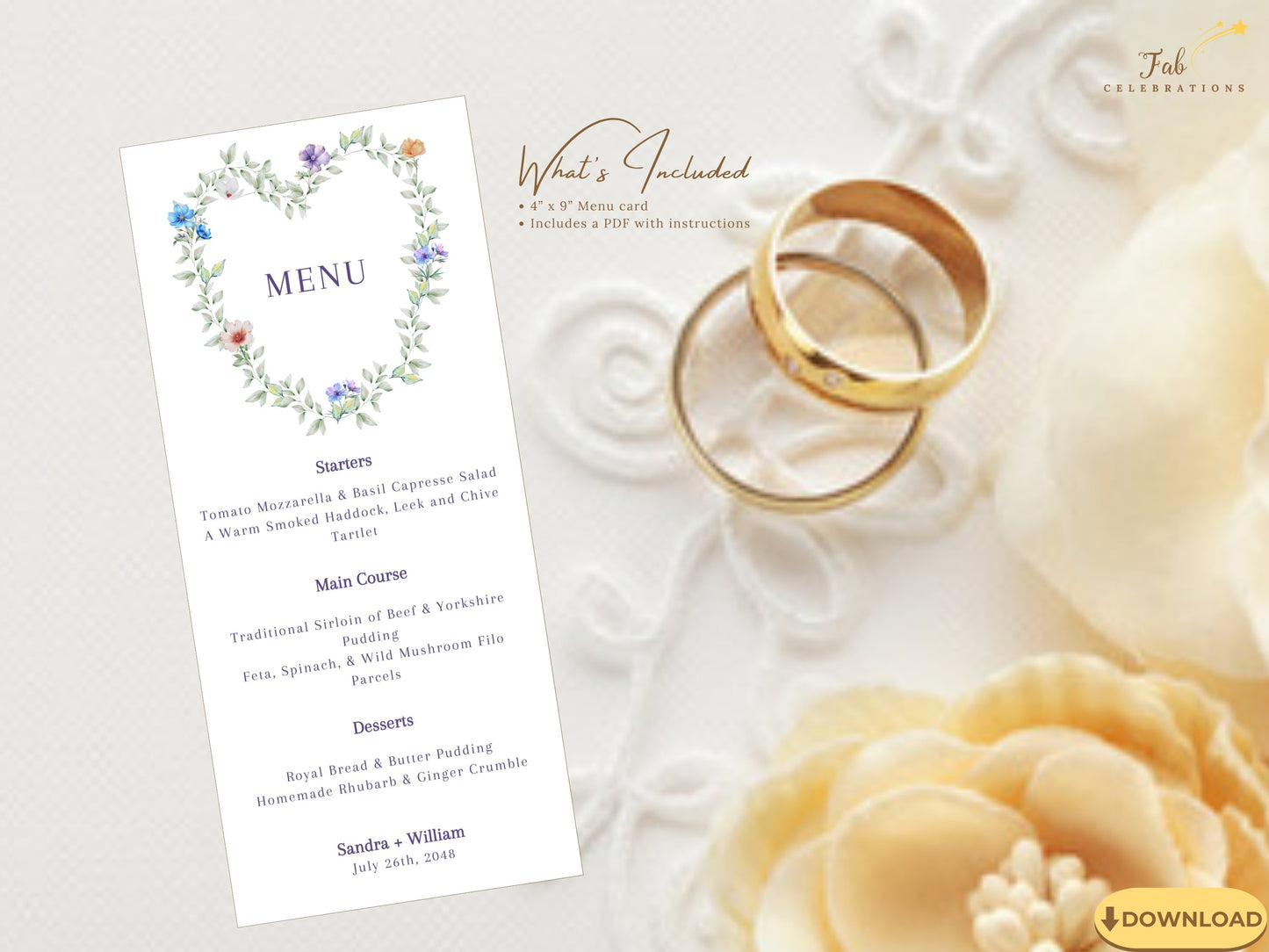 Pastel Wedding Menu Template printable wedding menu design with delicate watercolor-inspired flowers and botanical details for romantic celebrations.