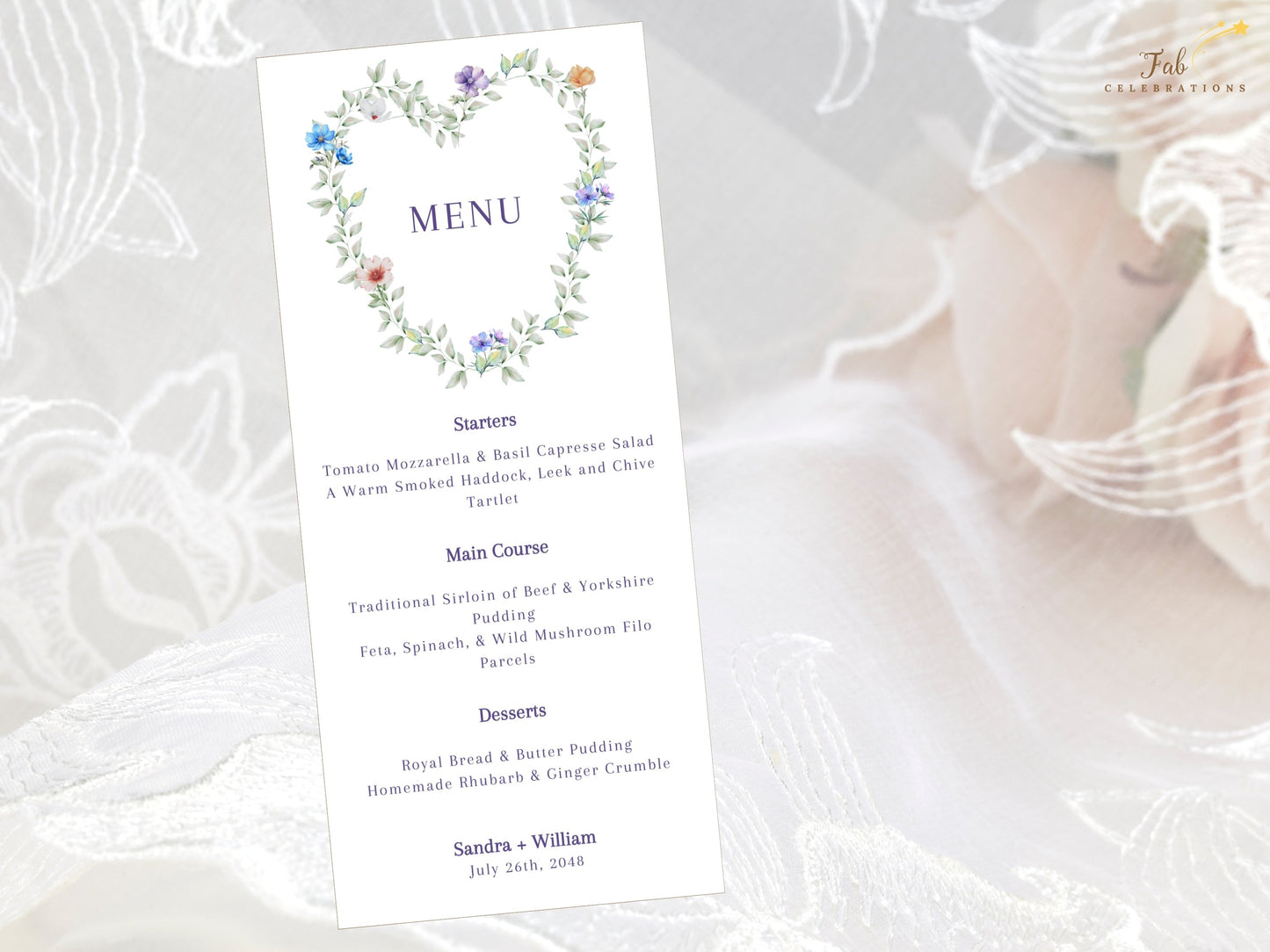 Pastel Wedding Menu Template printable Canva menu card with romantic floral accents and customizable wedding meal information for receptions.