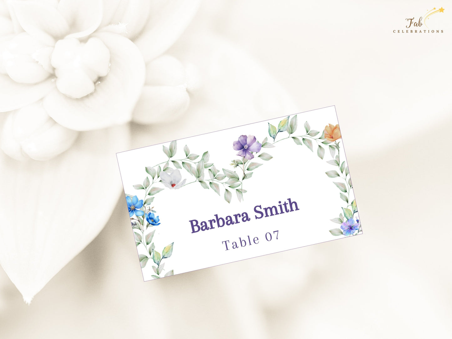 Pastel Wedding Name Card printable Canva design with romantic floral artwork and customizable guest names for elegant wedding celebrations.