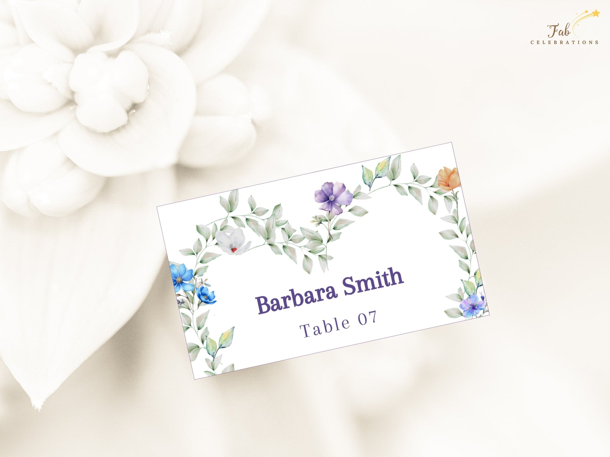 Pastel Wedding Name Card printable Canva design with romantic floral artwork and customizable guest names for elegant wedding celebrations.