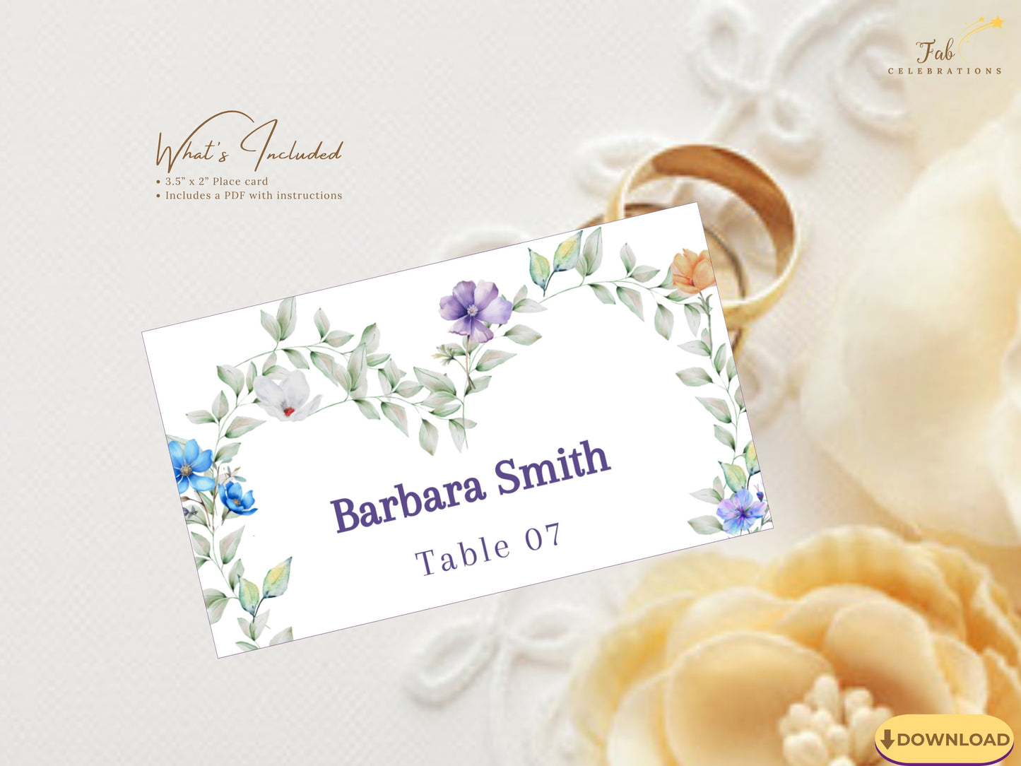 Pastel Wedding Name Card printable place card template with delicate watercolor-inspired flowers and botanical details for romantic wedding receptions.