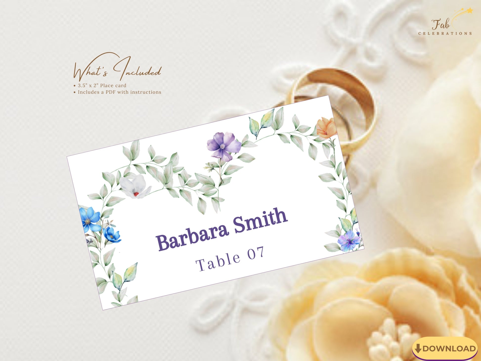 Pastel Wedding Name Card printable place card template with delicate watercolor-inspired flowers and botanical details for romantic wedding receptions.