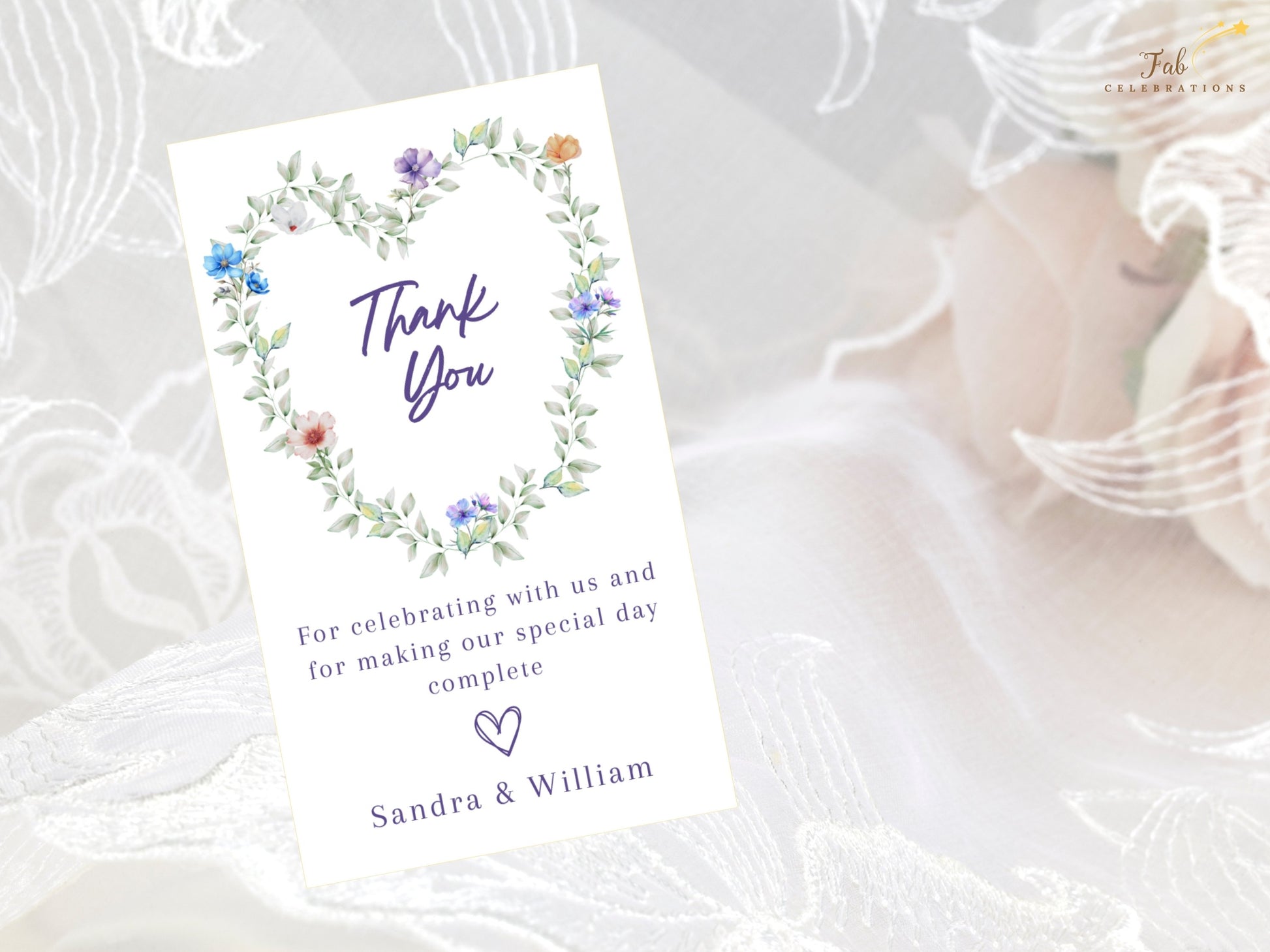 Pastel Wedding Thank You Card editable wedding stationery with romantic floral artwork and customizable thank you wording for guests and loved ones.