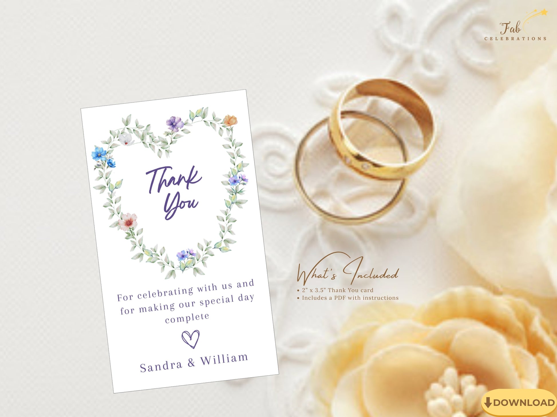 Pastel Wedding Thank You Card printable Canva design with delicate botanical accents and elegant typography created for memorable wedding celebrations.