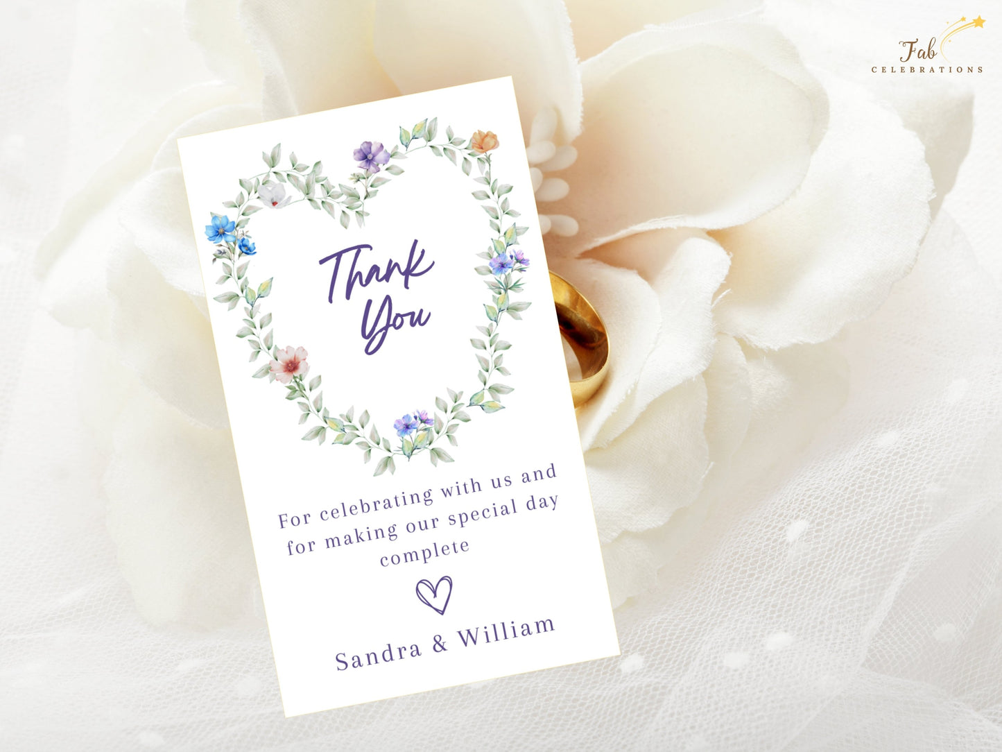 Pastel Wedding Thank You Card wedding stationery template featuring watercolor-inspired floral details and a customizable Canva layout for gratitude messages.