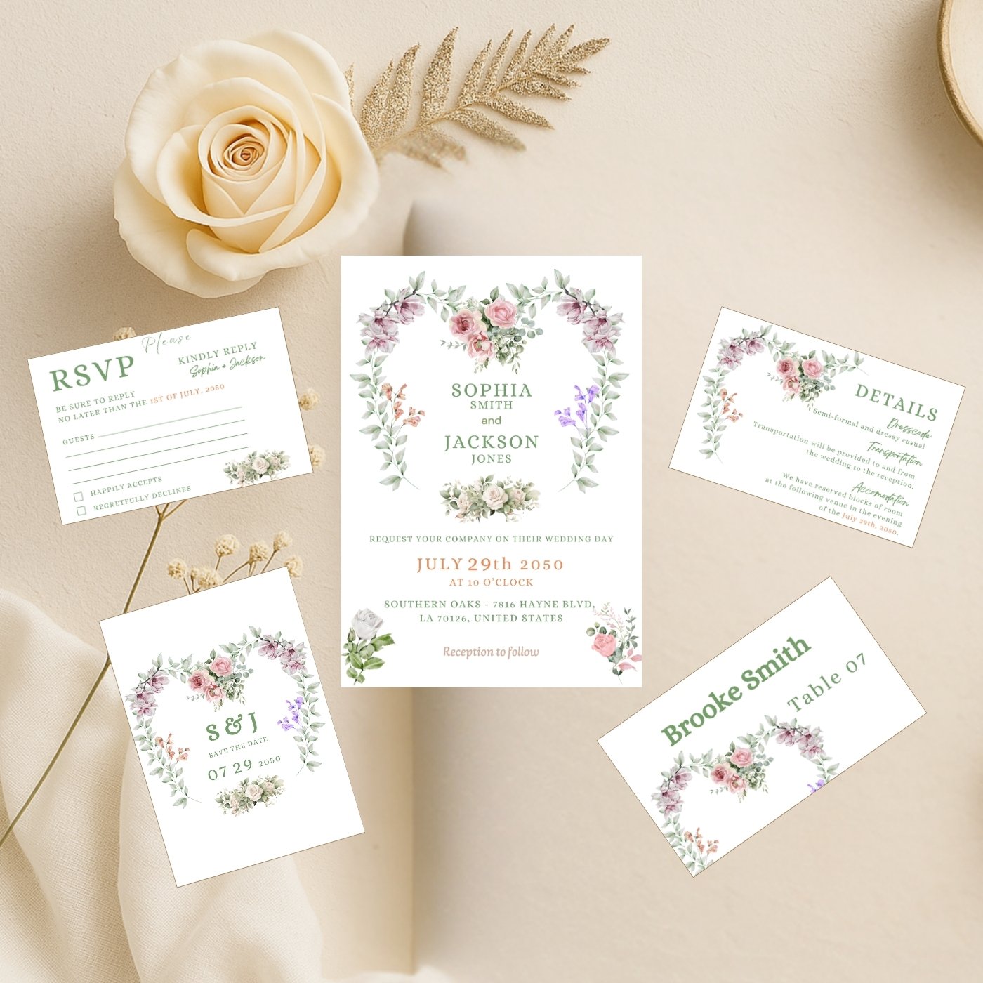 Editable pink heart wedding invitation suite with soft floral design, romantic and elegant style