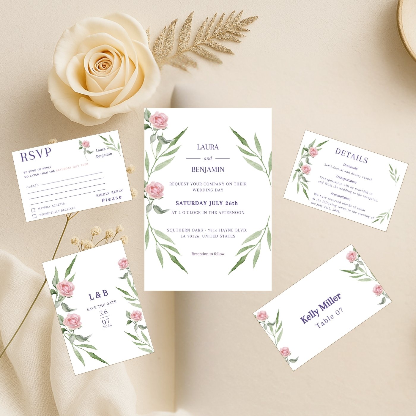 Editable wedding invitation suite with pink roses and greenery, elegant watercolor-inspired design