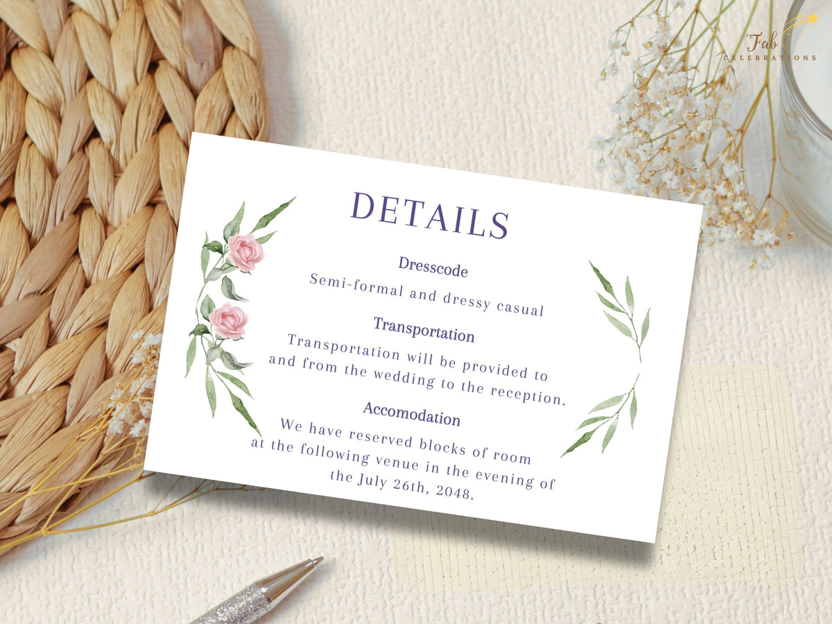 Wedding details insert decorated with watercolor-inspired blush roses and airy green foliage, presenting useful guest information in a clean and coordinated botanical design.
