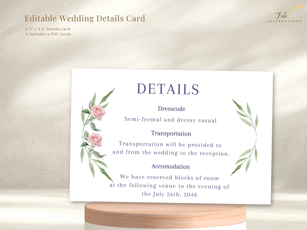 Editable wedding details card shown with watercolor-inspired pink roses and green leafy accents, presenting dress code, transportation and accommodation information in an elegant layout.