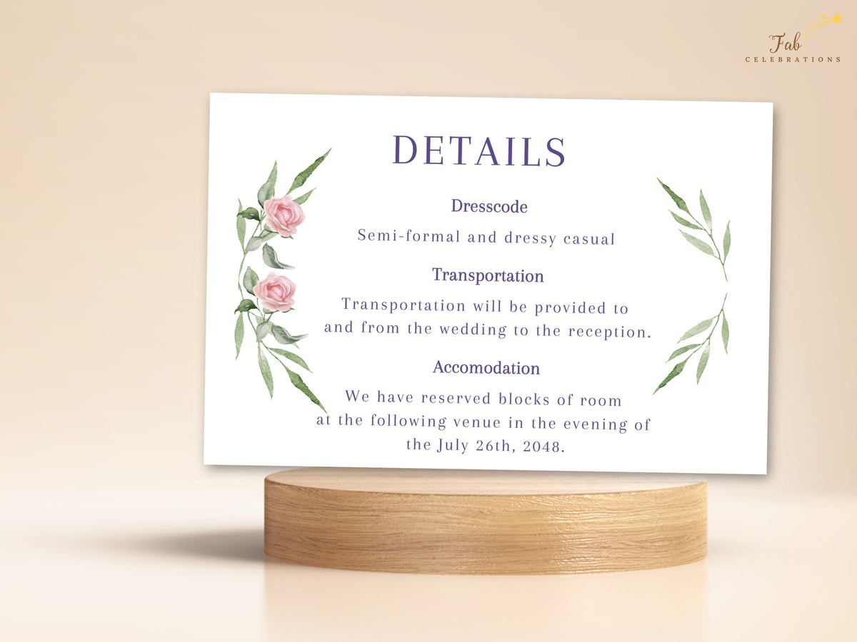 Editable wedding information insert with watercolor-inspired blush roses, delicate green foliage and refined purple typography for important dress code, transportation and accommodation details.