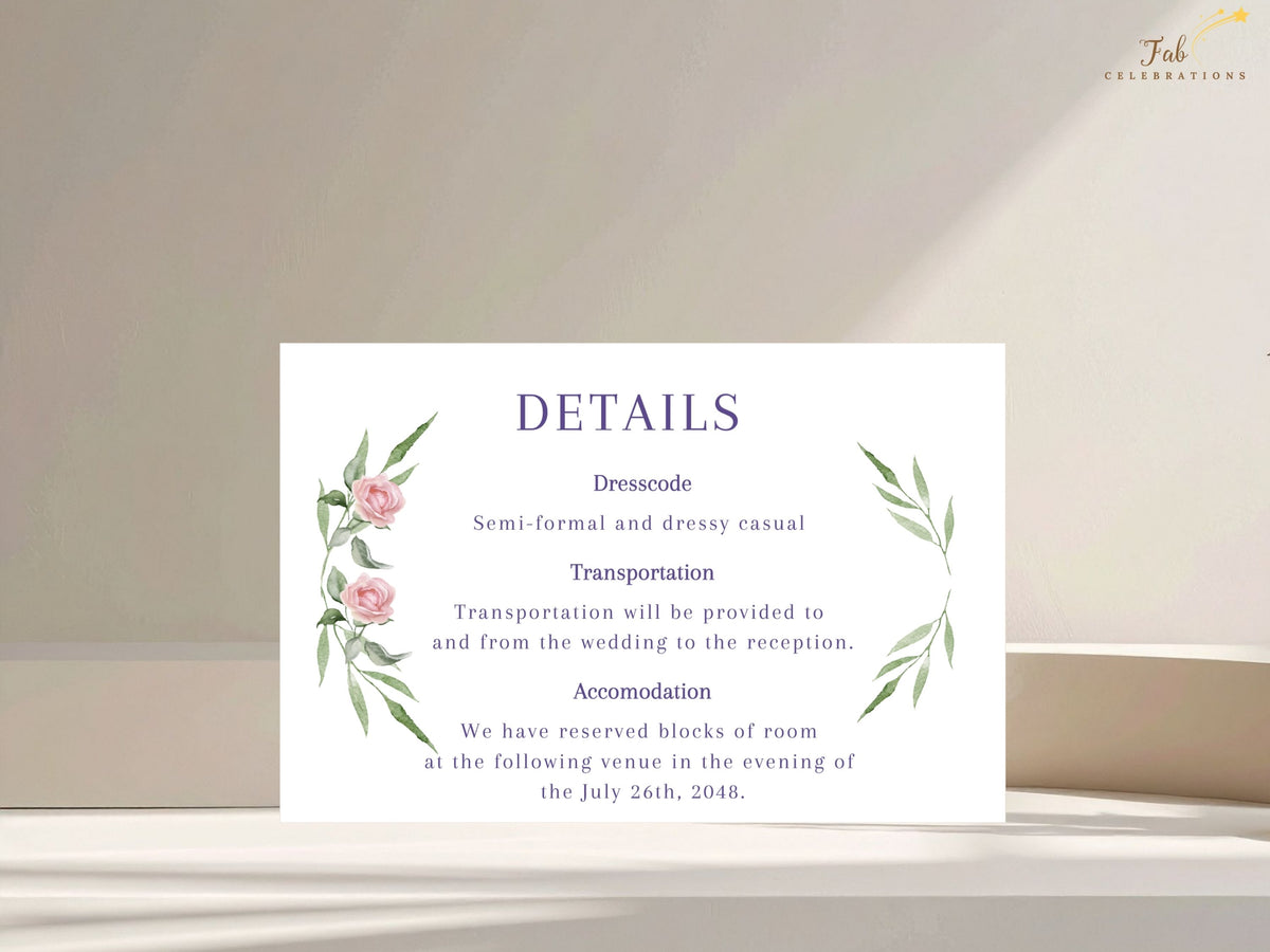 Elegant wedding details card featuring watercolor-inspired pink roses and botanical green accents, with refined purple typography for dress code, transportation and accommodation notes.