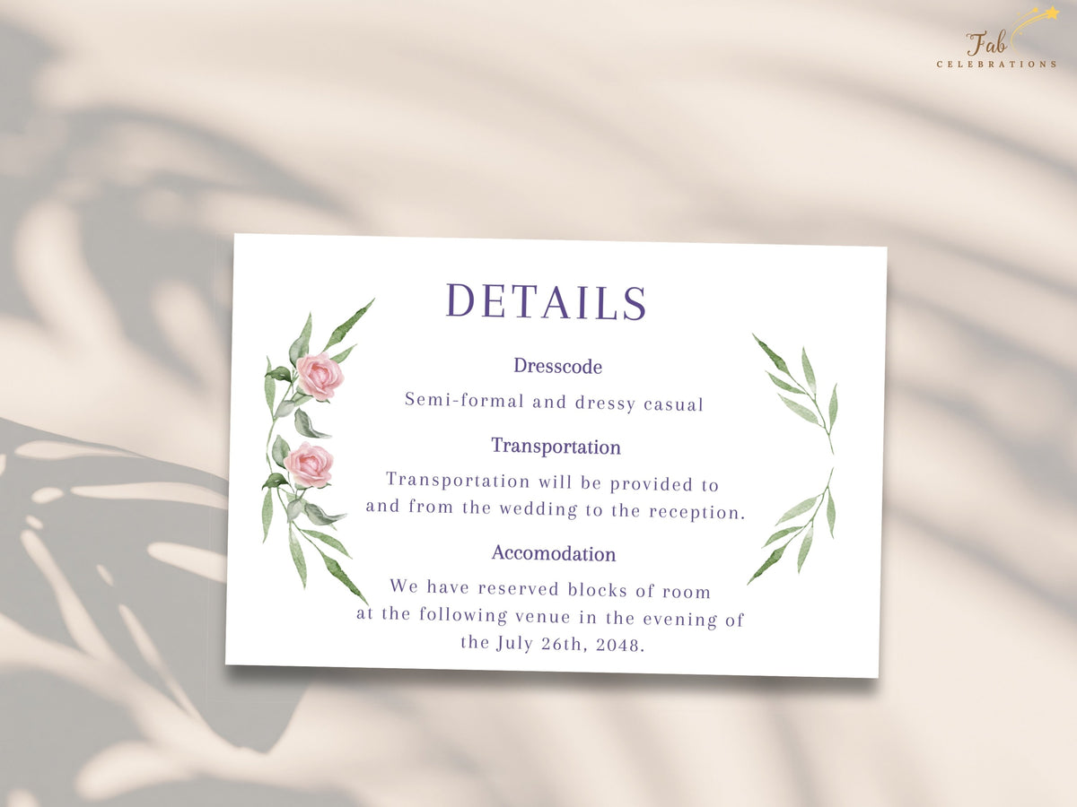 Editable floral wedding details template featuring watercolor-inspired pink roses, green leafy branches and neatly arranged sections for dress code, transportation and accommodation.