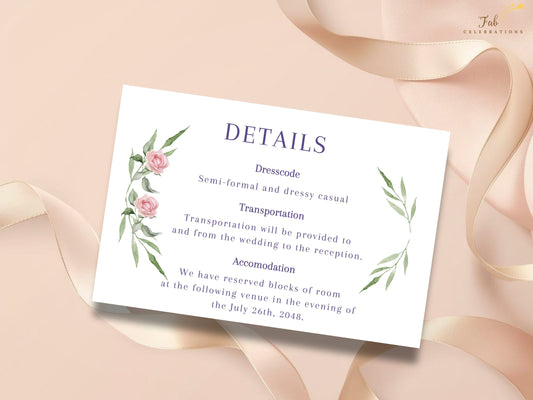Pink Rose Wedding Details card featuring watercolor-inspired blush roses and delicate green foliage, with organized sections for dress code, transportation and accommodation information.