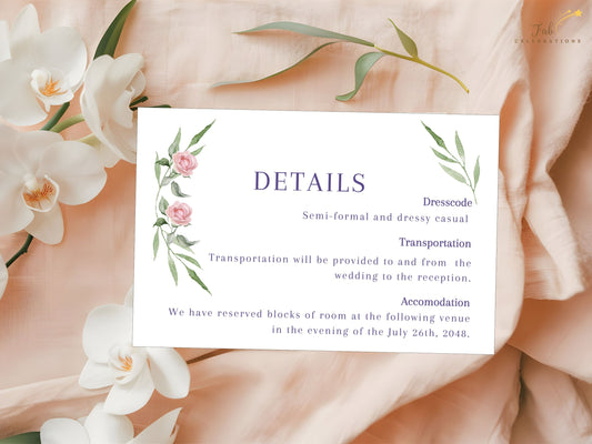 Pink rose wedding details with romantic floral design — editable Canva template featuring watercolor roses and sage greenery for guest information sharing with elegance.