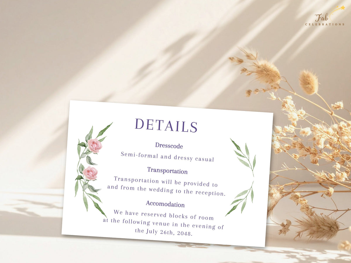 Pink floral wedding details card featuring watercolor-inspired rose blossoms and green botanical accents with elegant sections for dress code, transportation and accommodation.