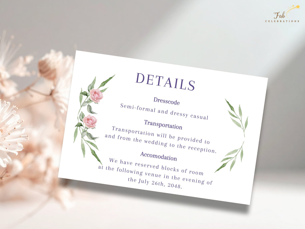 Pink Rose Wedding Details card with watercolor-inspired rose accents and graceful green leaves, organizing dress code, transportation and accommodation information for wedding guests.