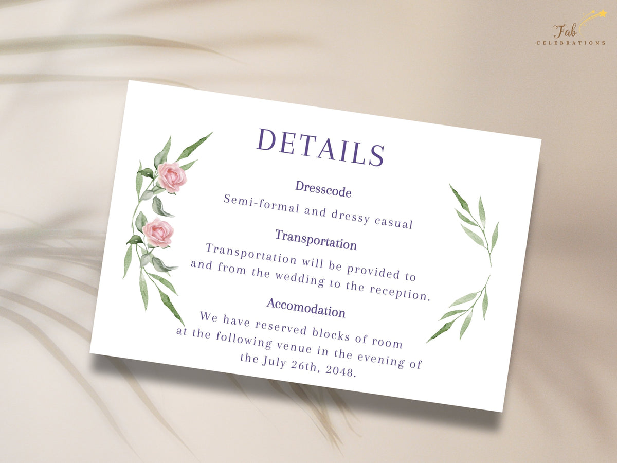 Romantic wedding details card decorated with watercolor-inspired pink roses and sweeping green foliage, combining refined purple typography with practical guest information.