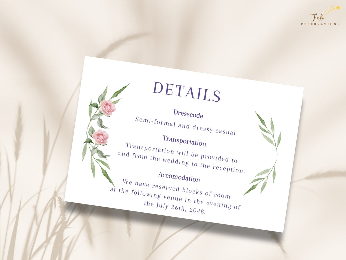 Wedding information insert featuring watercolor-inspired blush pink roses, slender green foliage and refined purple typography with clearly arranged details for wedding guests.