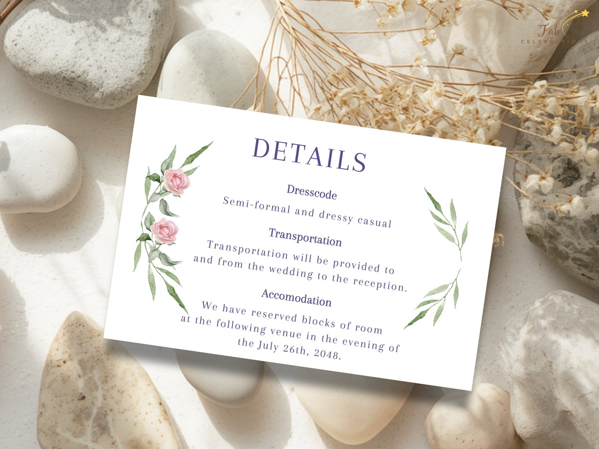 Wedding details card with watercolor-inspired pink roses and delicate green foliage framing refined purple text for dress code, transportation and accommodation information.