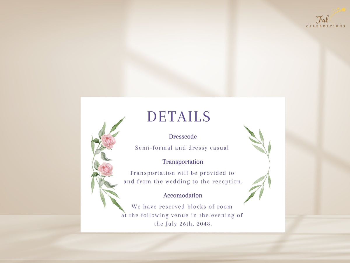 Wedding information card featuring watercolor-inspired blush pink roses and leafy green accents, with clear guest details for dress code, transportation and accommodation arrangements.