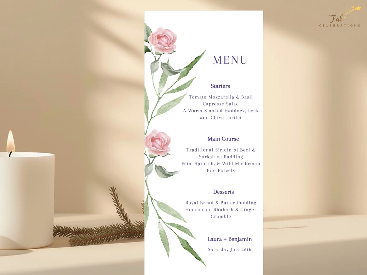 Botanical wedding menu design featuring watercolor-inspired blush roses and leafy green branches, with a clean vertical layout and refined purple typography for reception dining details.