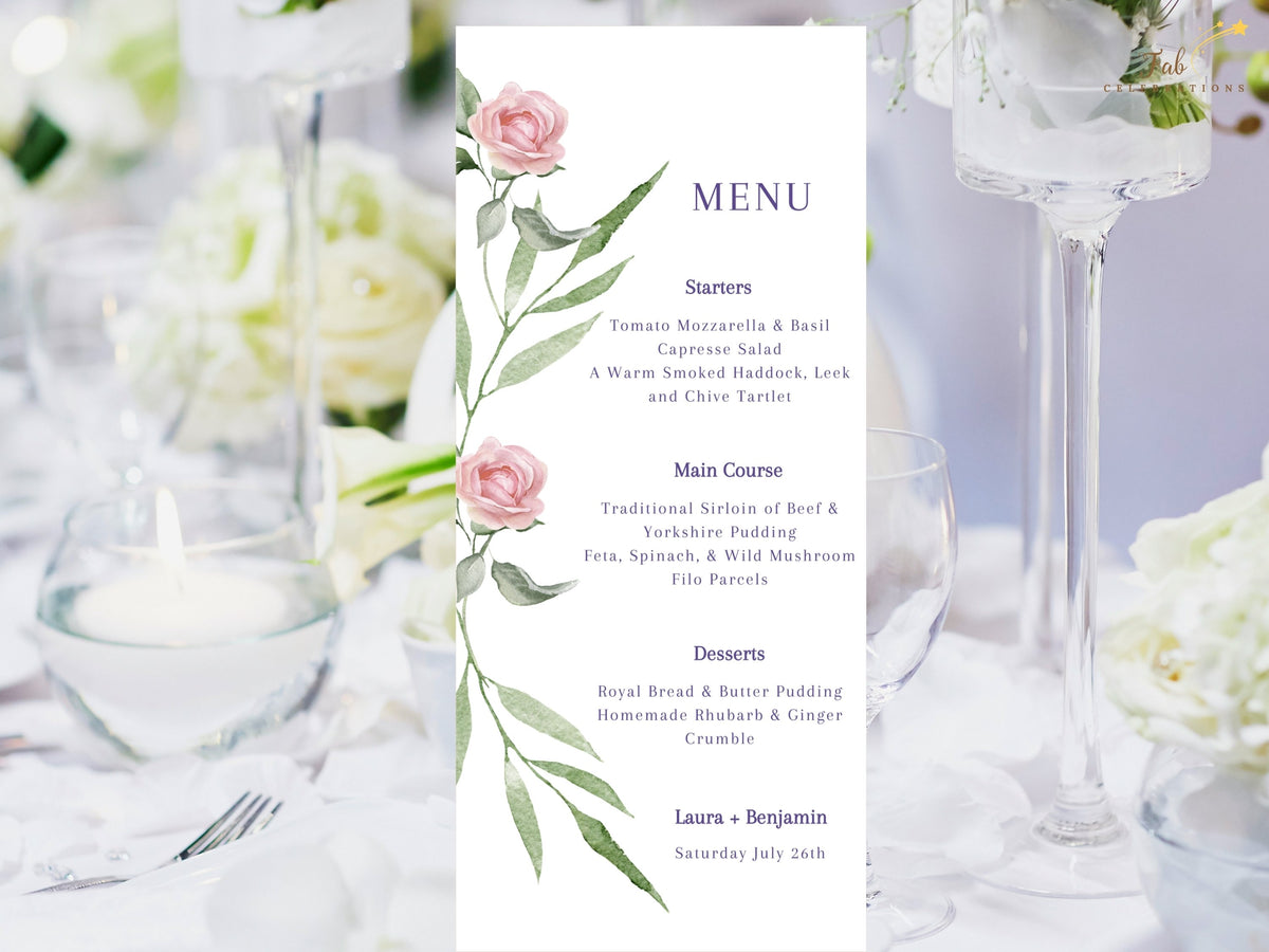 Botanical wedding menu card featuring watercolor-inspired blush roses and graceful green leafy branches, with an elegant vertical arrangement for the reception meal and drink selections.