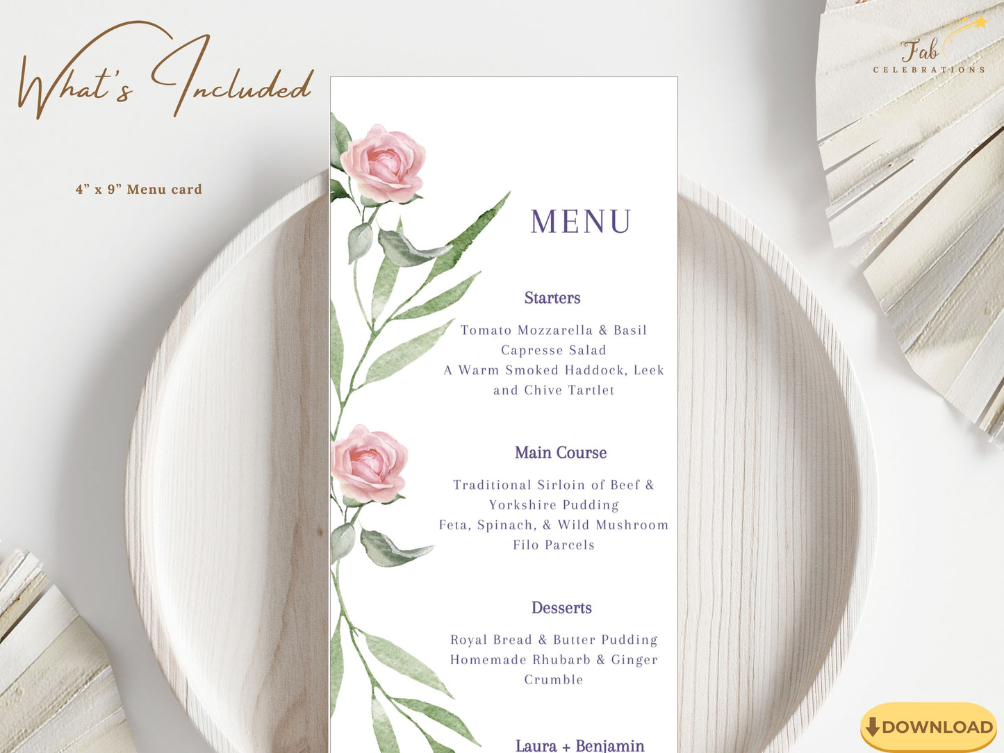 Elegant pink rose wedding menu card template featuring blush watercolor roses — editable Canva design that presents your meal with botanical beauty.
