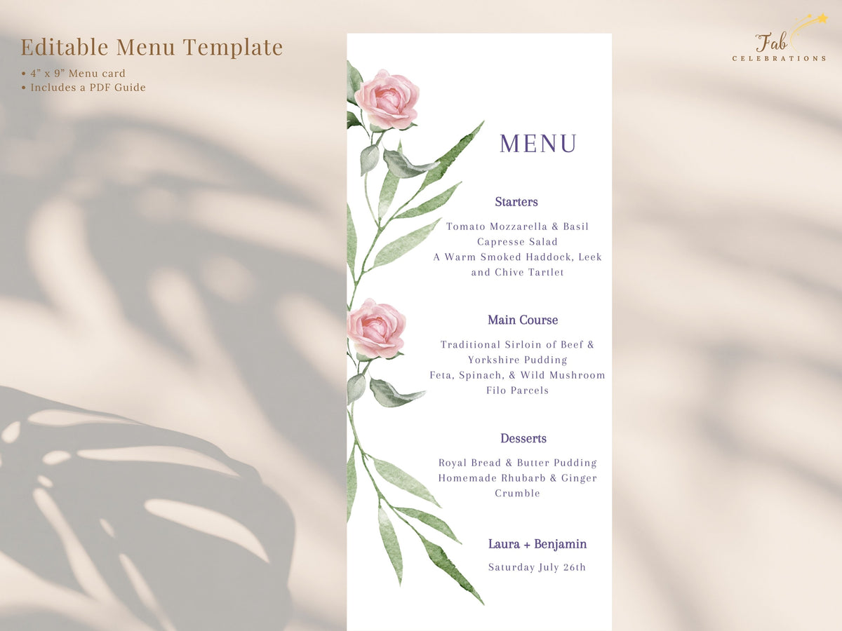 Editable wedding menu card featuring watercolor-inspired pink roses and delicate green leaves, with refined purple headings and a clear dinner layout that can be personalized in Canva.
