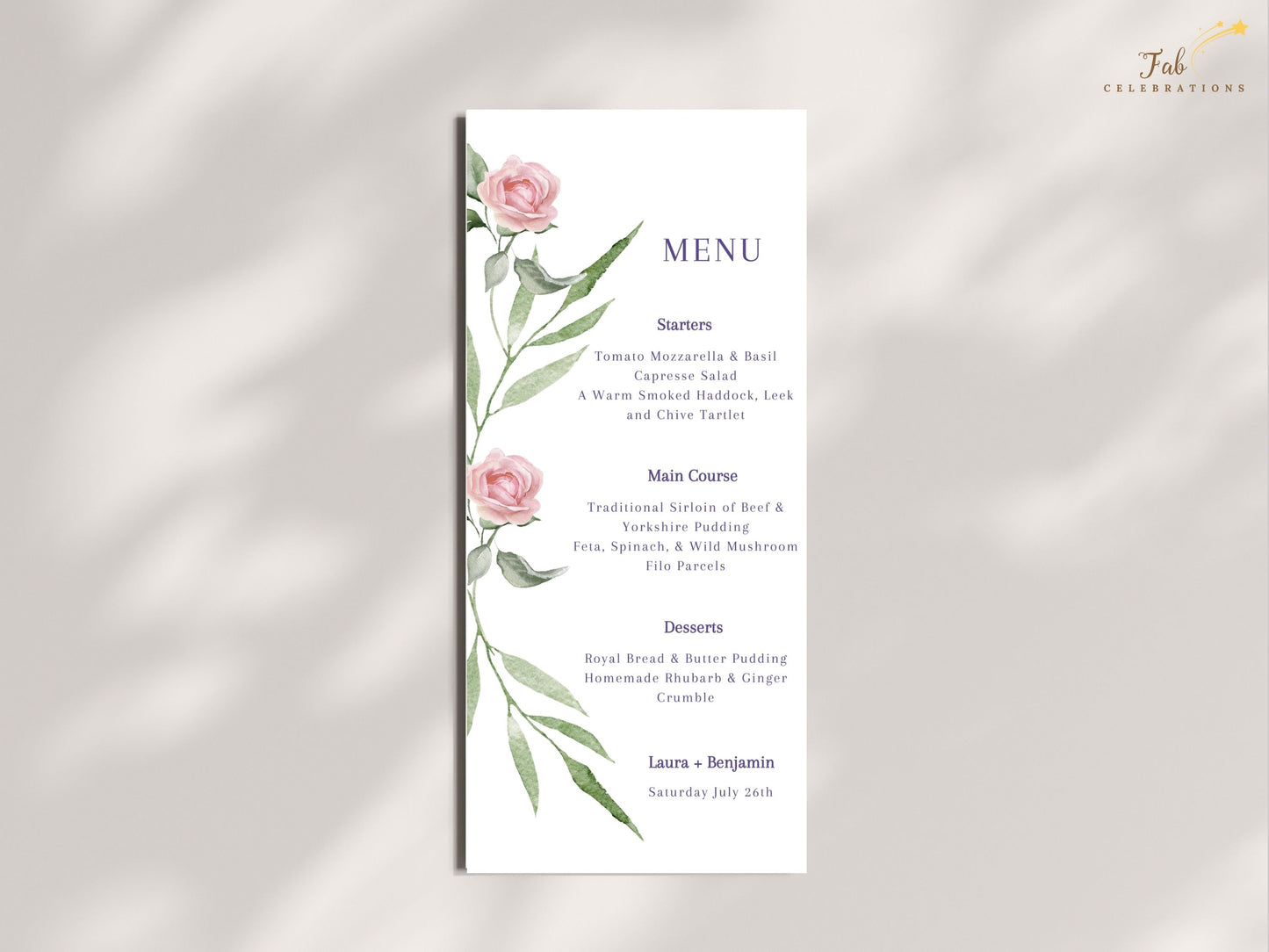 Editable pink rose menu card with watercolor greenery and roses — Canva template for rustic chic, boho, and garden weddings seeking graceful dining decor.