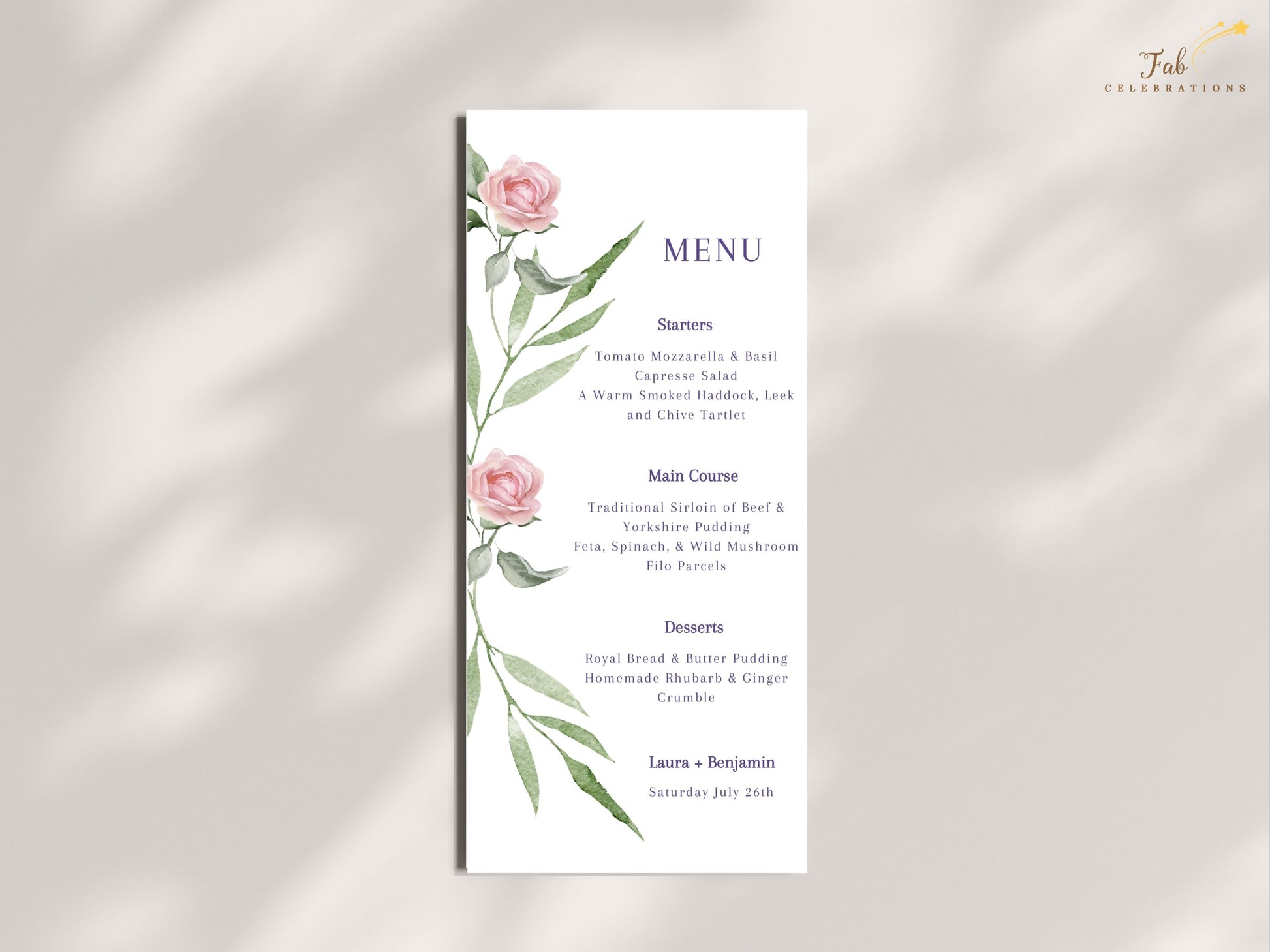 Editable pink rose menu card with watercolor greenery and roses — Canva template for rustic chic, boho, and garden weddings seeking graceful dining decor.