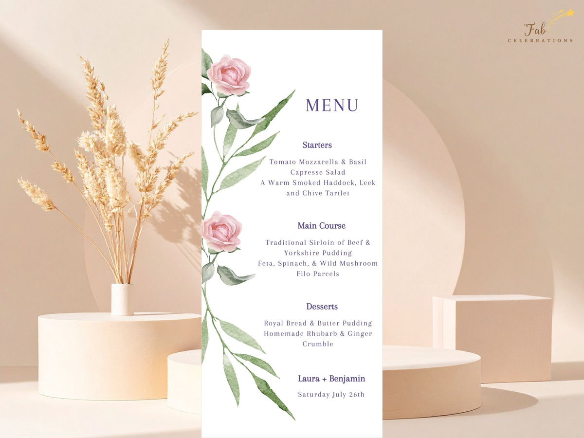 Elegant wedding dinner menu featuring watercolor-inspired pink roses and slender green foliage, with refined purple typography organizing each course in a clean reception-ready design.