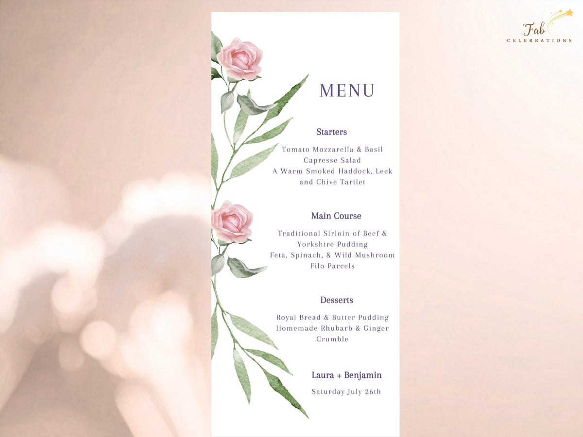 Elegant reception menu insert decorated with watercolor-inspired pink roses and delicate green foliage, with clear purple headings for starter, main course, sides, dessert and drinks.