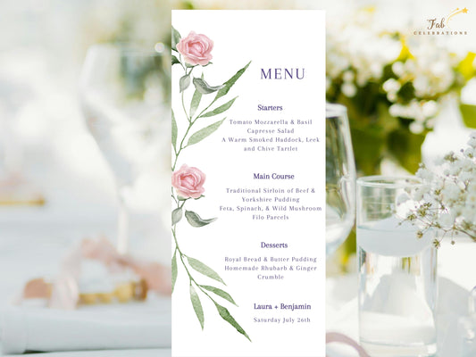 Pink Rose Wedding Menu Card Template featuring watercolor-inspired blush pink roses and graceful green foliage, with elegant purple typography organizing starter, main course, sides, dessert and drinks.
