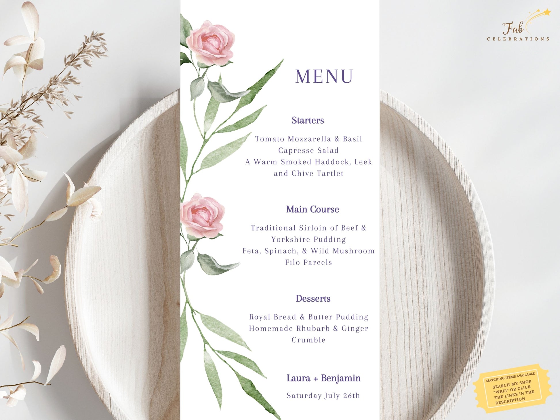Pink rose wedding menu card template design with watercolor florals and refined typography — editable Canva template for poetic meal presentation.