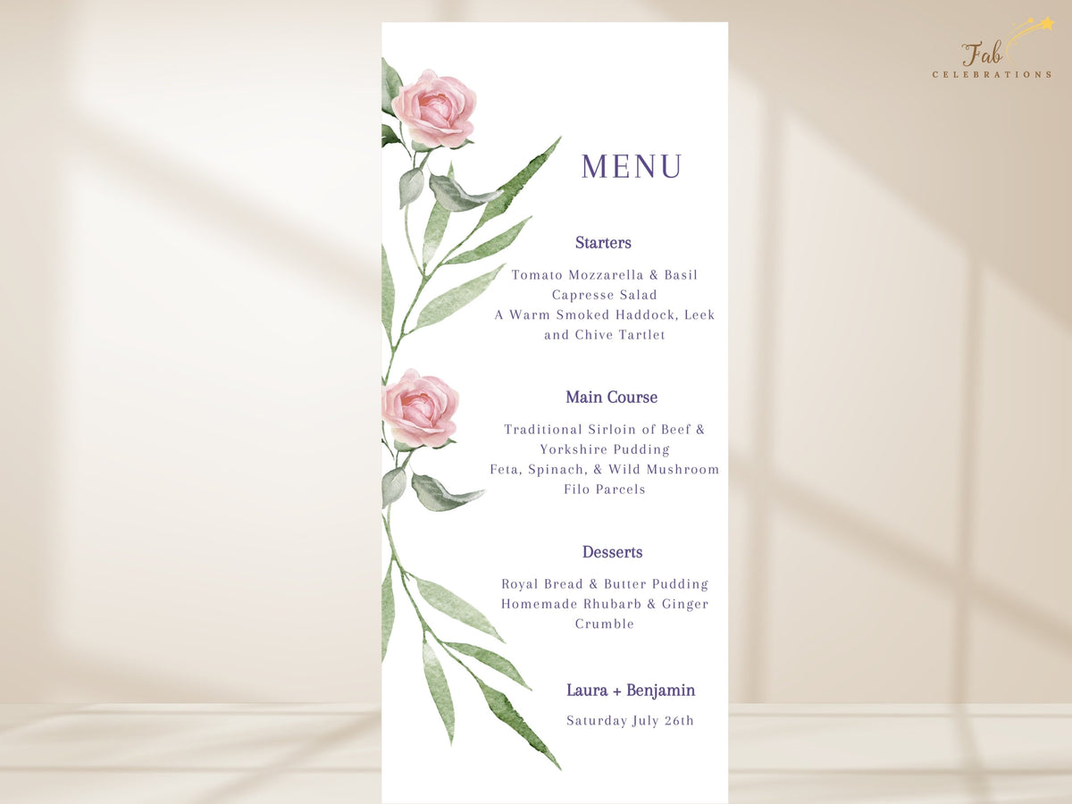Wedding menu card featuring watercolor-inspired pink roses and flowing green foliage, with refined purple typography and clearly separated sections for the complete reception meal.