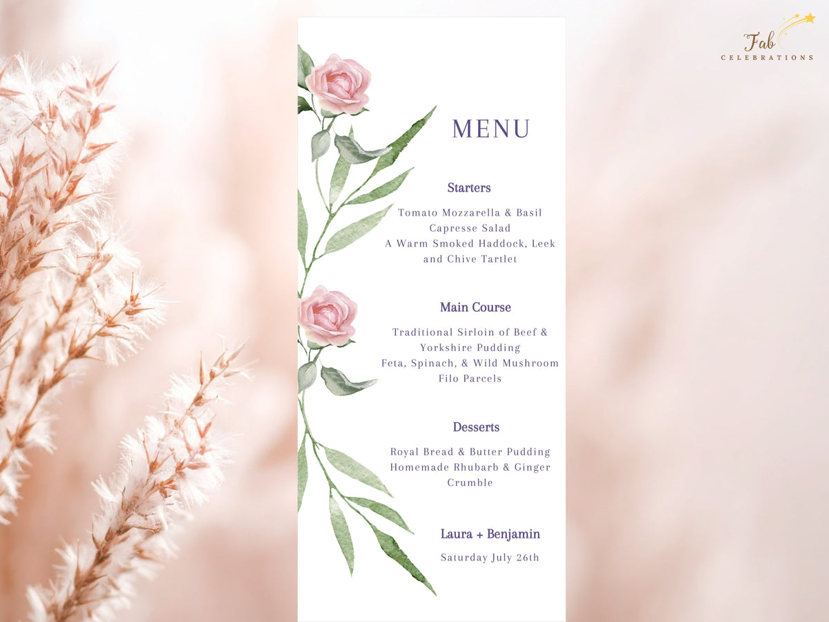 Pink floral dinner menu featuring watercolor-inspired roses and green botanical accents, with elegant purple text organizing the wedding meal into clearly defined courses and drinks.