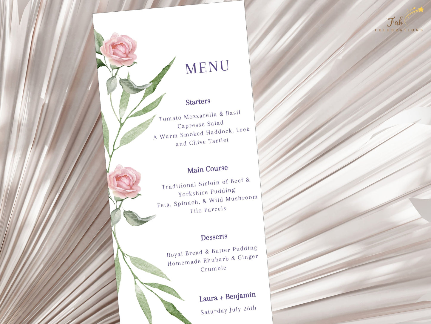 Printable pink rose wedding menu card template with delicate floral design — Canva template for couples seeking refined, coordinated reception stationery.