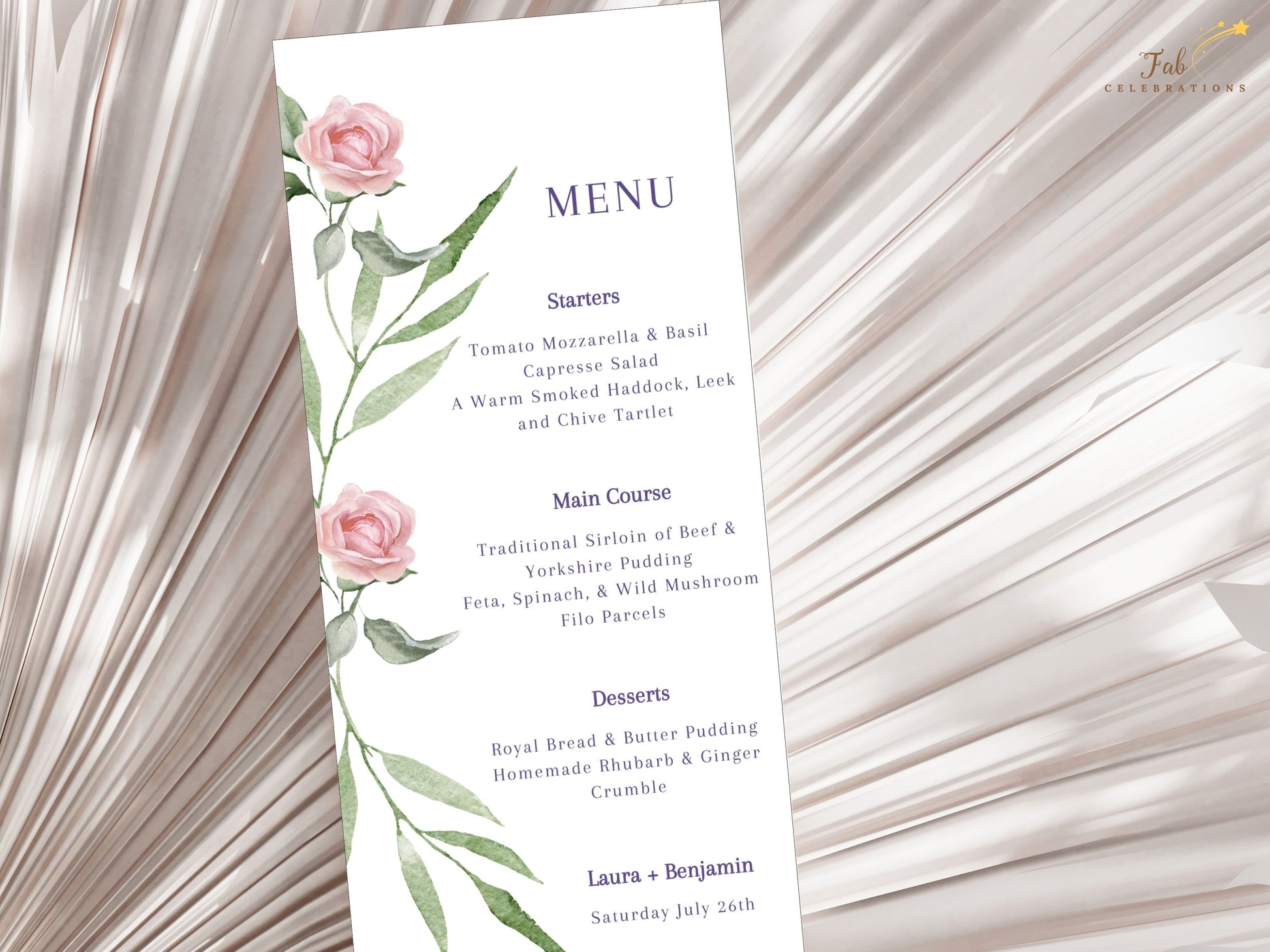 Printable pink rose wedding menu card template with delicate floral design — Canva template for couples seeking refined, coordinated reception stationery.