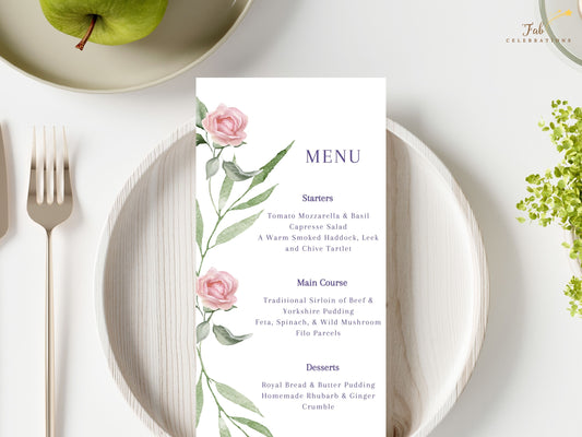 Pink rose wedding menu card template with watercolor florals and greenery — editable Canva design for elegant reception dining presentation with romantic charm.