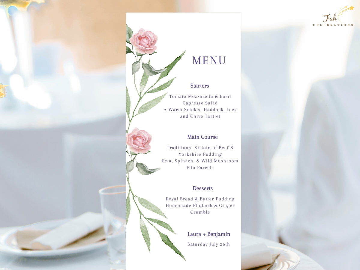 Refined wedding menu featuring watercolor-inspired blush roses and botanical green accents, with elegant purple typography arranging the dinner courses in a balanced vertical composition.