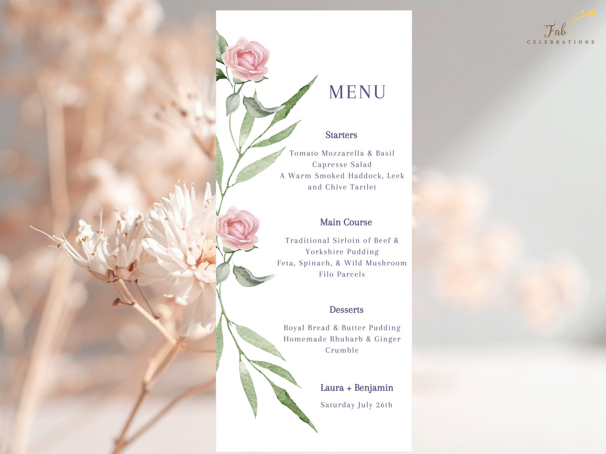 Romantic dinner menu card decorated with watercolor-inspired blush pink roses and delicate green leaves, presenting wedding reception courses in an elegant coordinated stationery design.